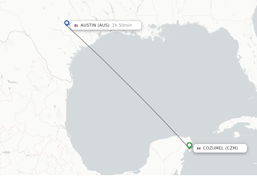 Flights from Cozumel to Austin route map
