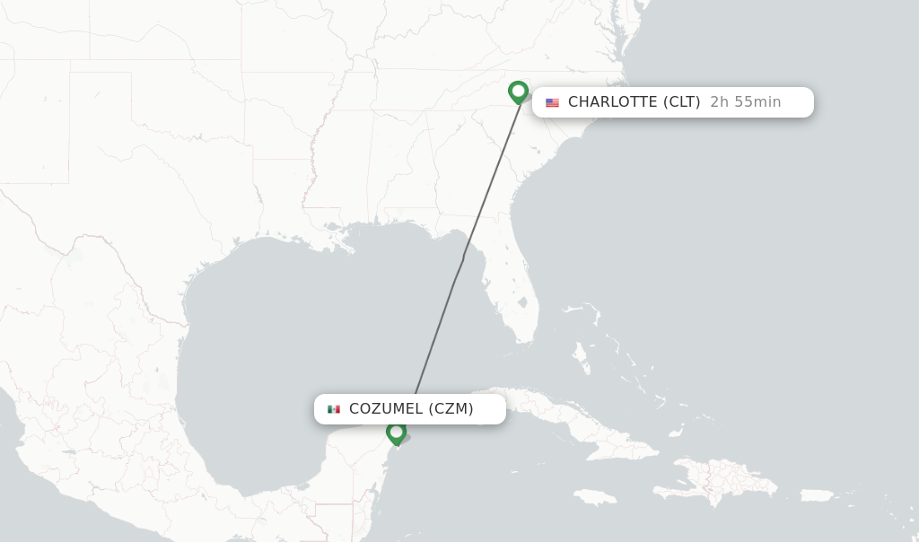 Flights from Cozumel to Charlotte route map