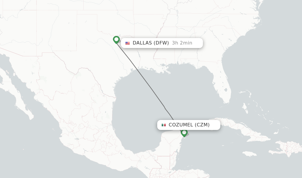 Flights from Cozumel to Dallas route map