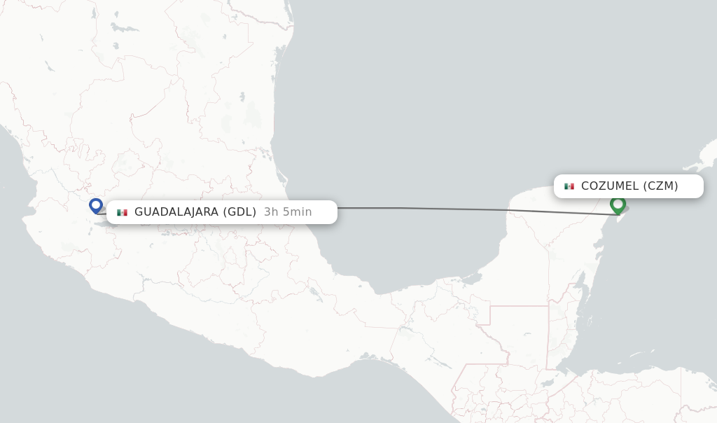 Flights from Cozumel to Guadalajara route map