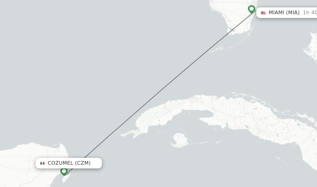 Flights from Cozumel to Miami route map