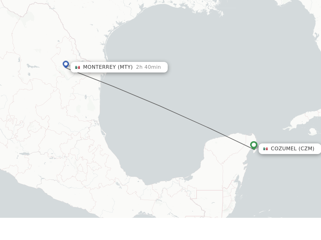 Flights from Cozumel to Monterrey route map
