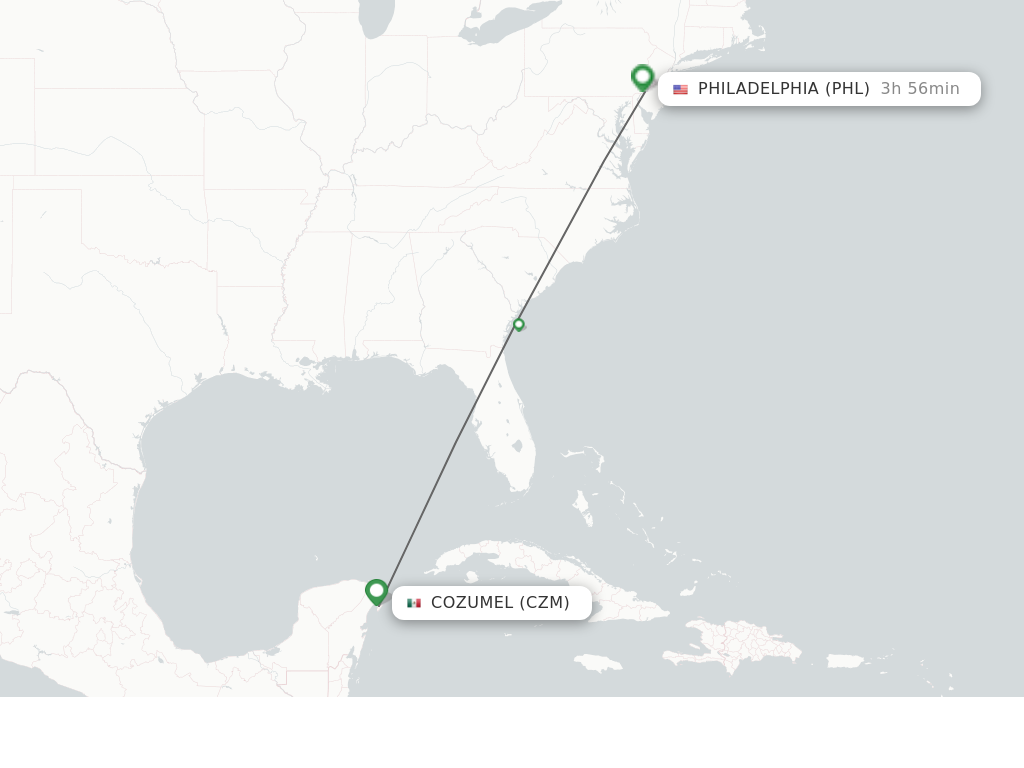 Flights from Cozumel to Philadelphia route map
