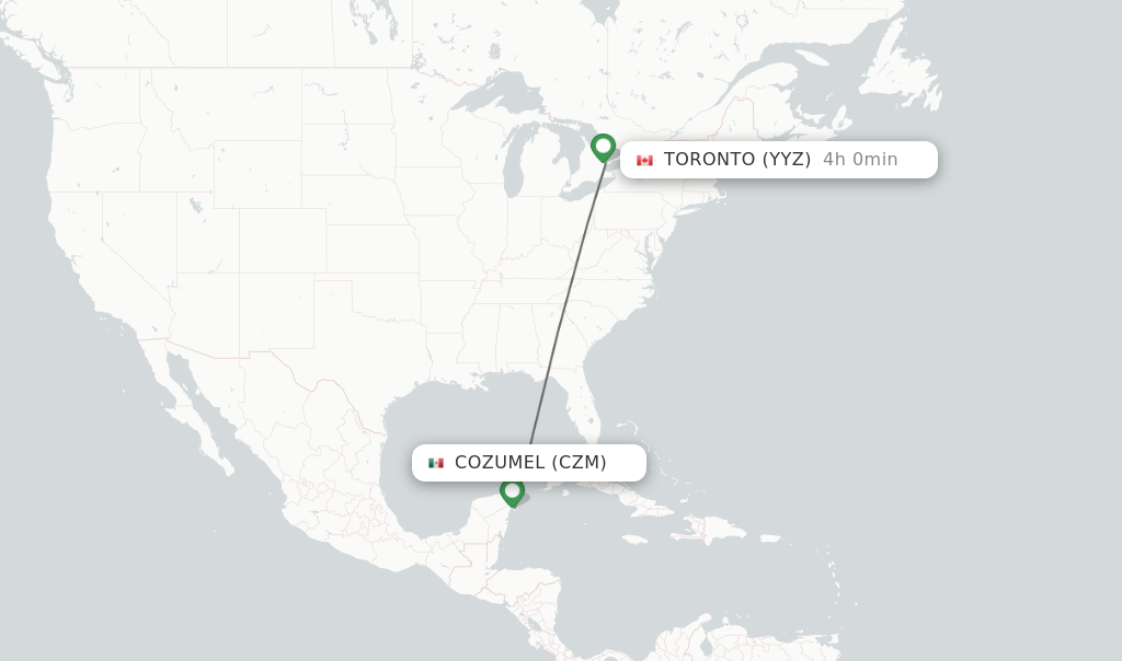 Flights from Cozumel to Toronto route map