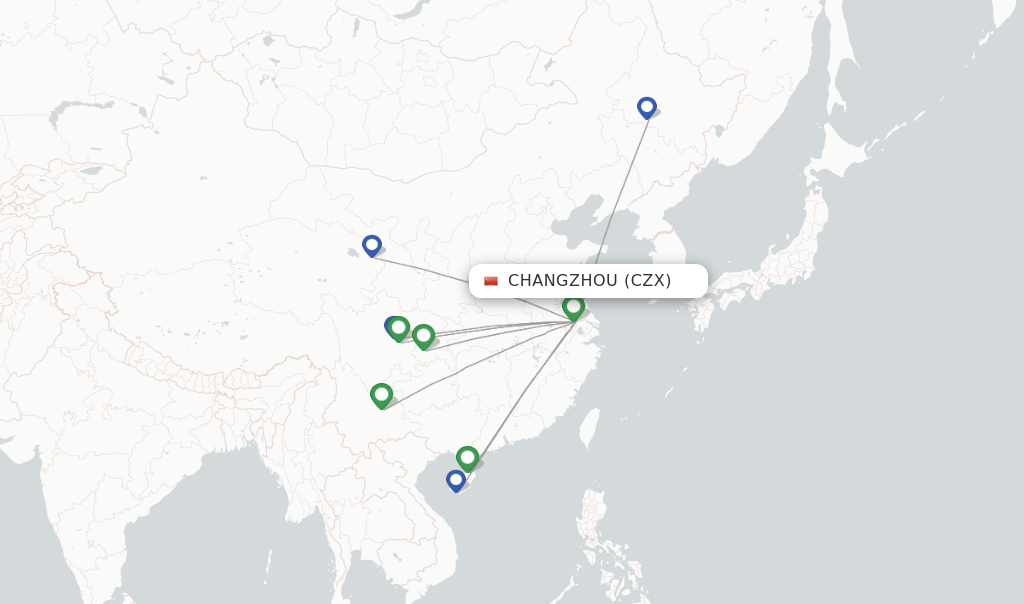 Route map with flights from Changzhou with Sichuan Airlines
