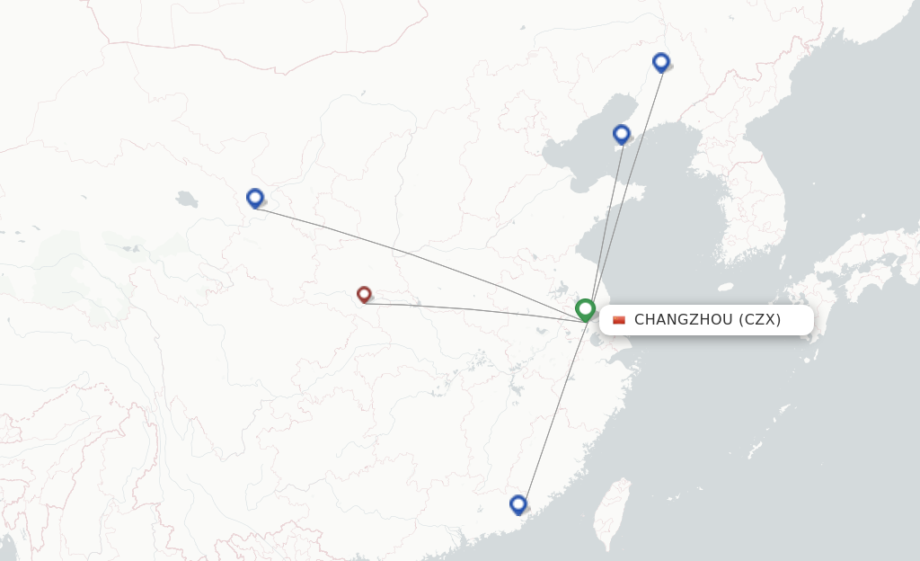 Route map with flights from Changzhou with Spring Airlines