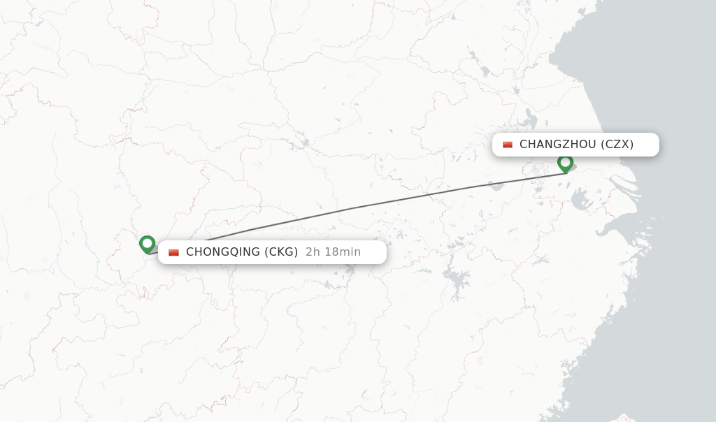 Flights from Changzhou to Chongqing route map