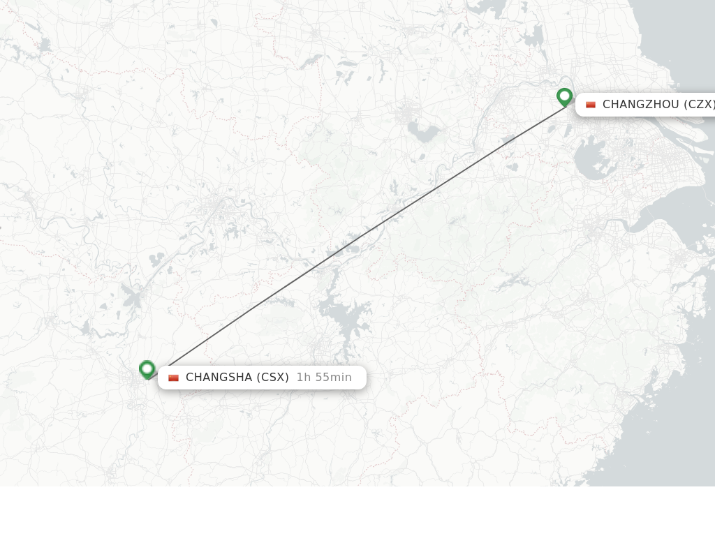 Flights from Changzhou to Changsha route map