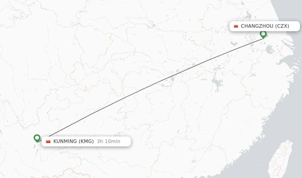 Flights from Changzhou to Kunming route map
