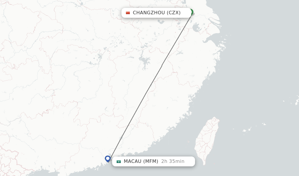 Flights from Changzhou to Macau route map
