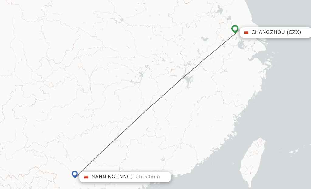 Flights from Changzhou to Nanning route map