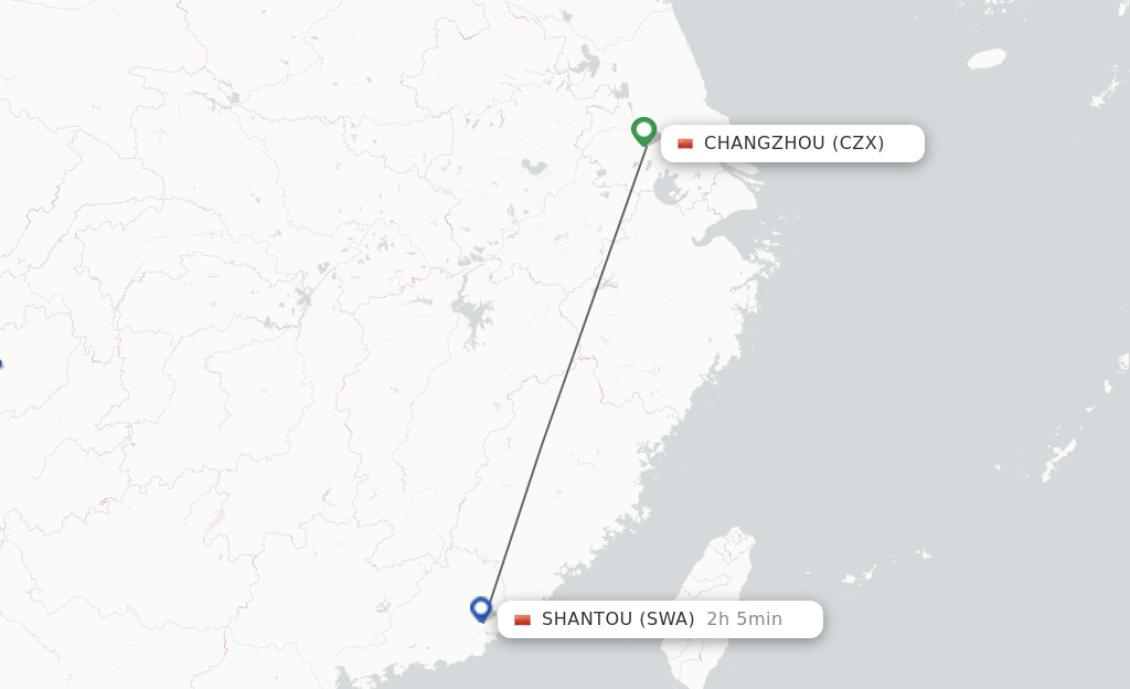 Flights from Changzhou to Jieyang route map