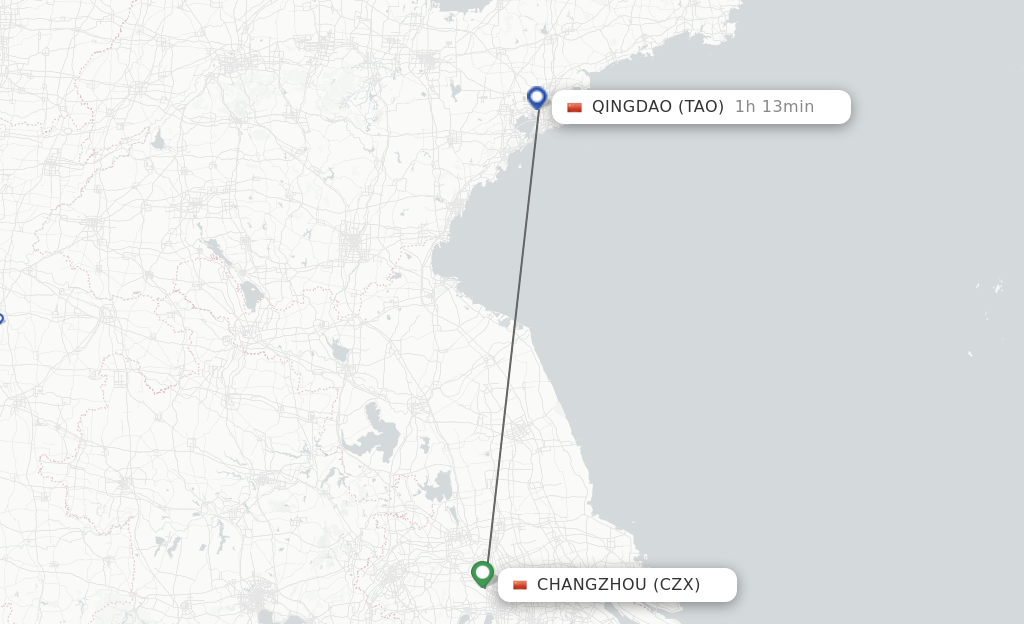Flights from Changzhou to Qingdao route map