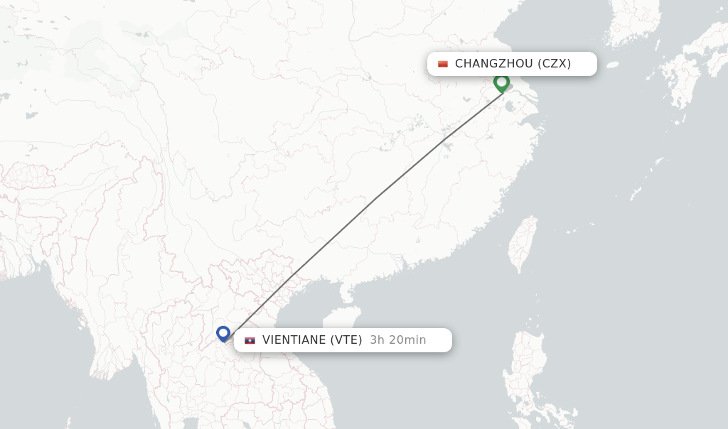 Flights from Changzhou to Vientiane route map