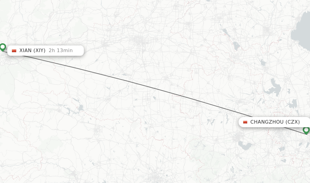 Flights from Changzhou to Xian route map