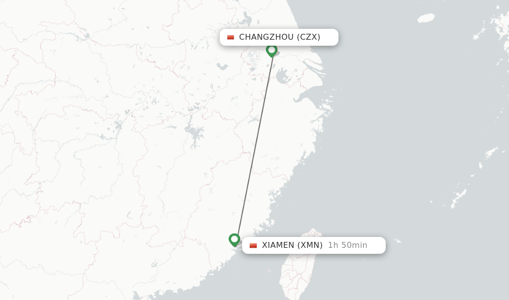 Flights from Changzhou to Xiamen route map