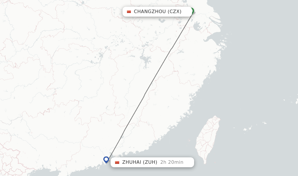 Flights from Changzhou to Zhuhai route map