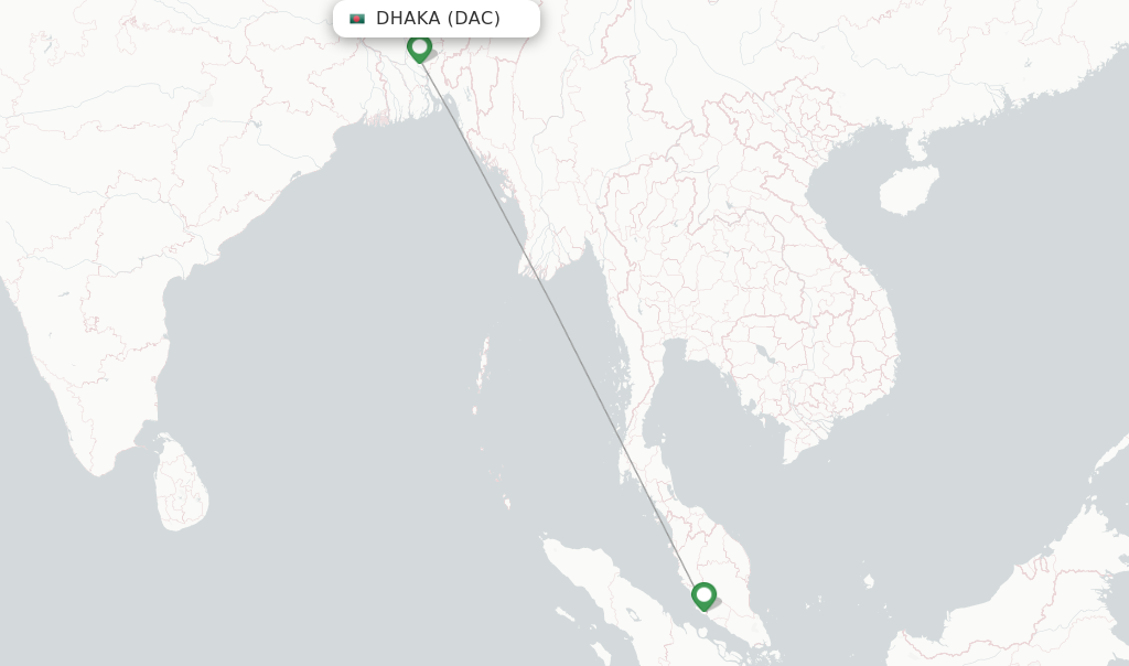 Route map with flights from Dhaka with AirAsia