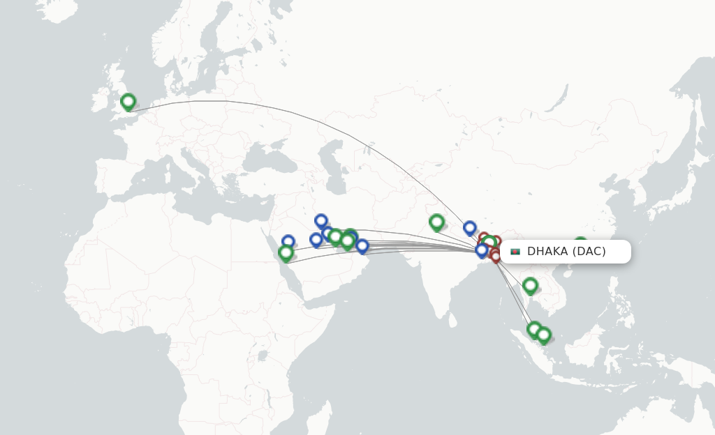 Route map with flights from Dhaka with Biman Bangladesh Airlines