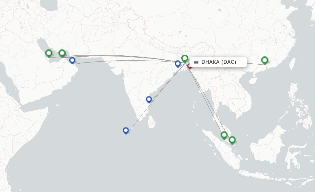 Route map with flights from Dhaka with US-Bangla Airlines