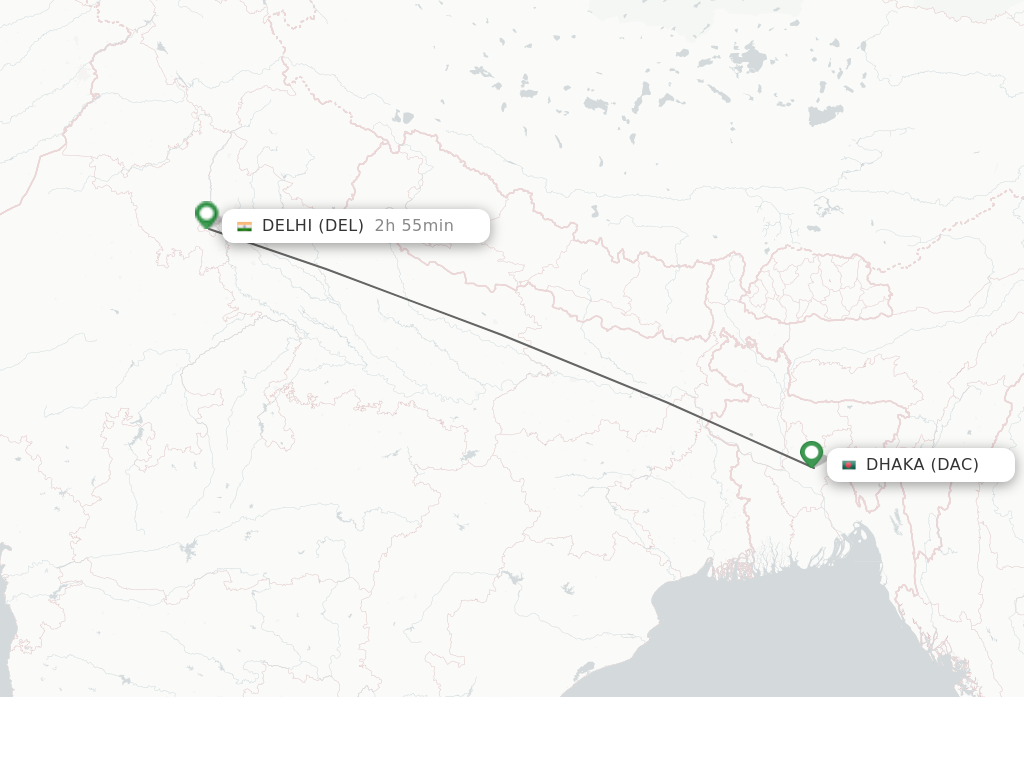 Flights from Dhaka to Delhi route map