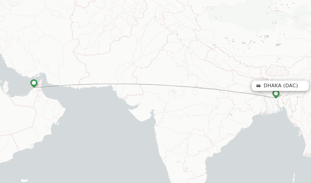 Route map with flights from Dhaka with Emirates
