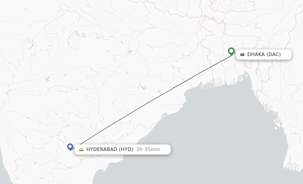 Flights from Dhaka to Hyderabad route map
