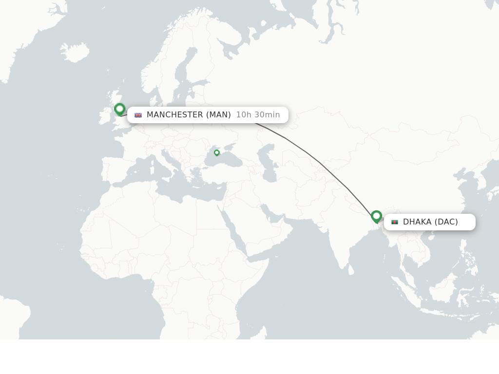 Flights from Manchester to Dhaka route map
