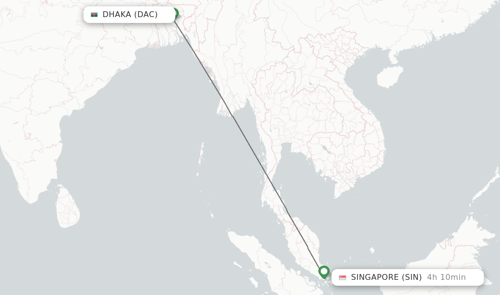 Flights from Dhaka to Singapore route map