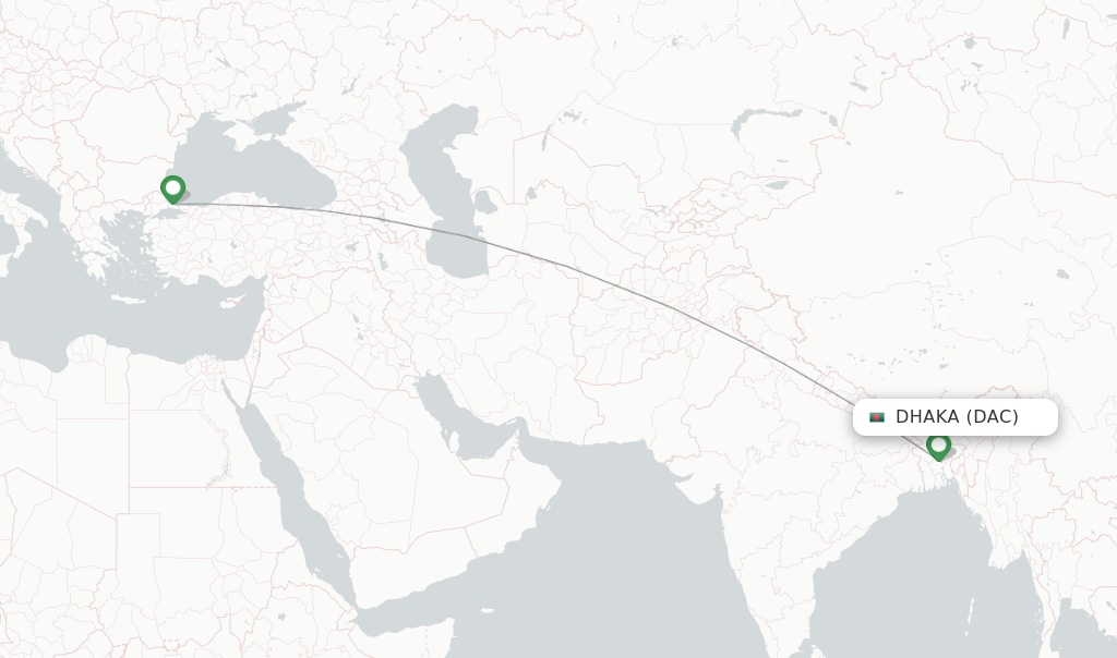 Route map with flights from Dhaka with Turkish Airlines