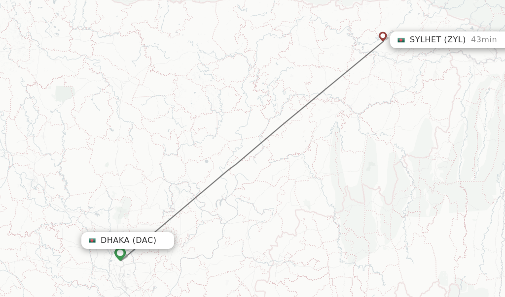 Flights from Dhaka to Sylhet route map