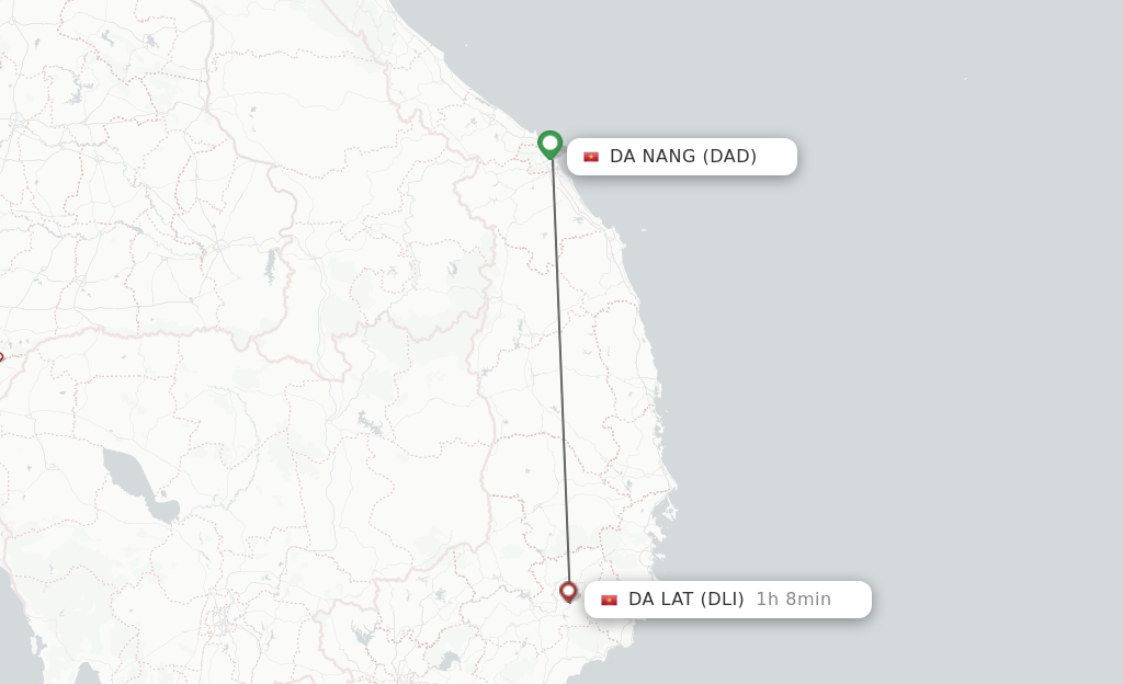 Flights from Da Nang to Dalat route map