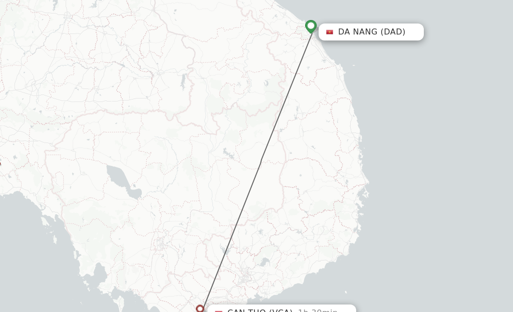 Flights from Da Nang to Can Tho route map