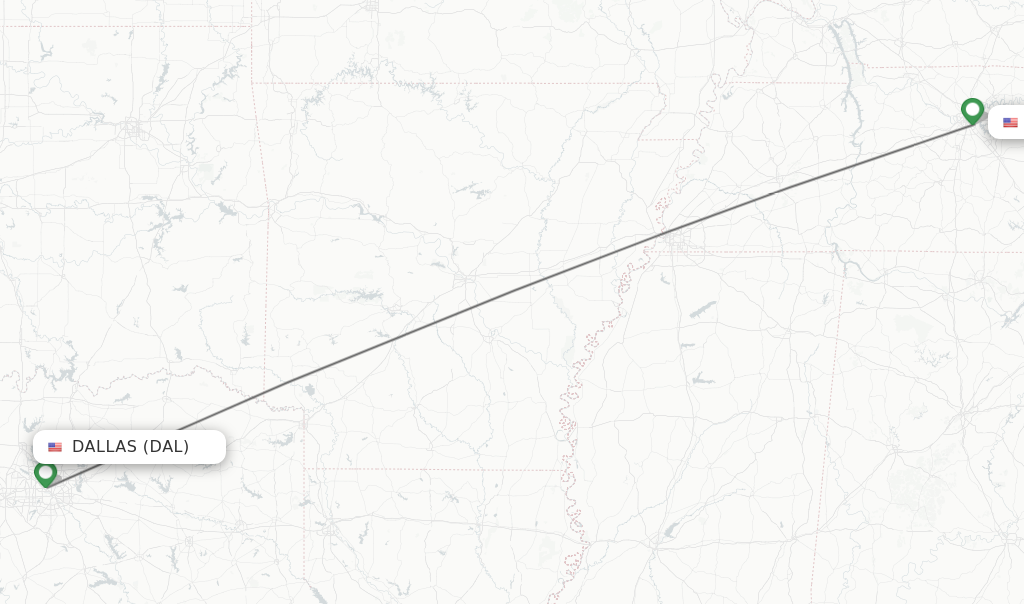 Flights from Dallas to Nashville route map