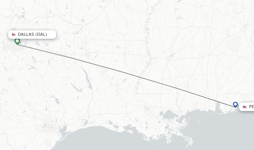 Flights from Dallas to Pensacola route map