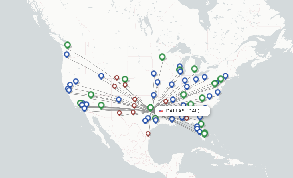 Route map with flights from Dallas with Southwest