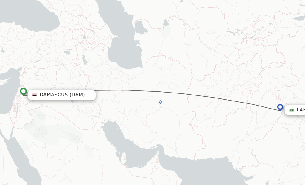 Flights from Damascus to Lahore route map