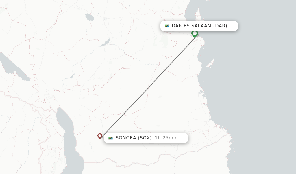 Flights from Dar Es Salaam to Songea route map