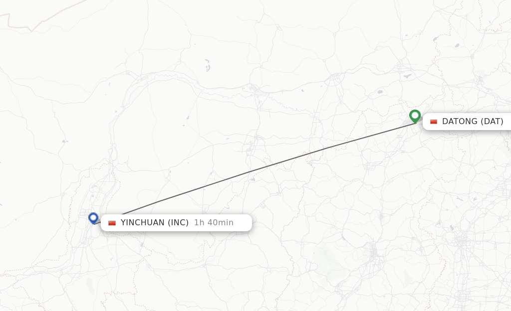 Flights from Datong to Yinchuan route map