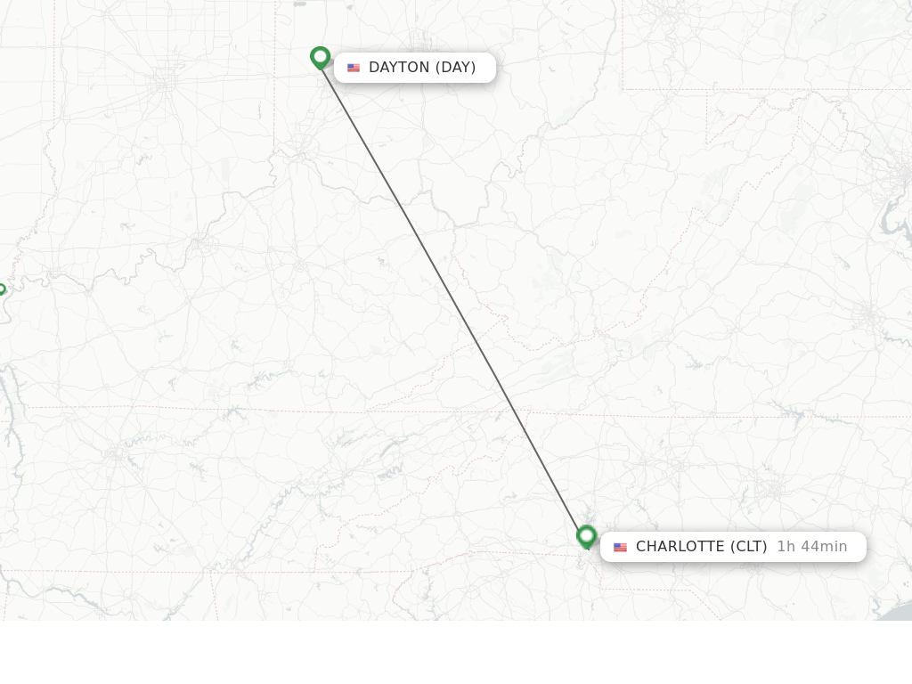 Flights from Dayton to Charlotte route map