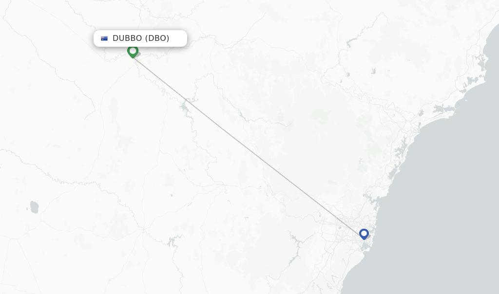 Route map with flights from Dubbo with Qantas