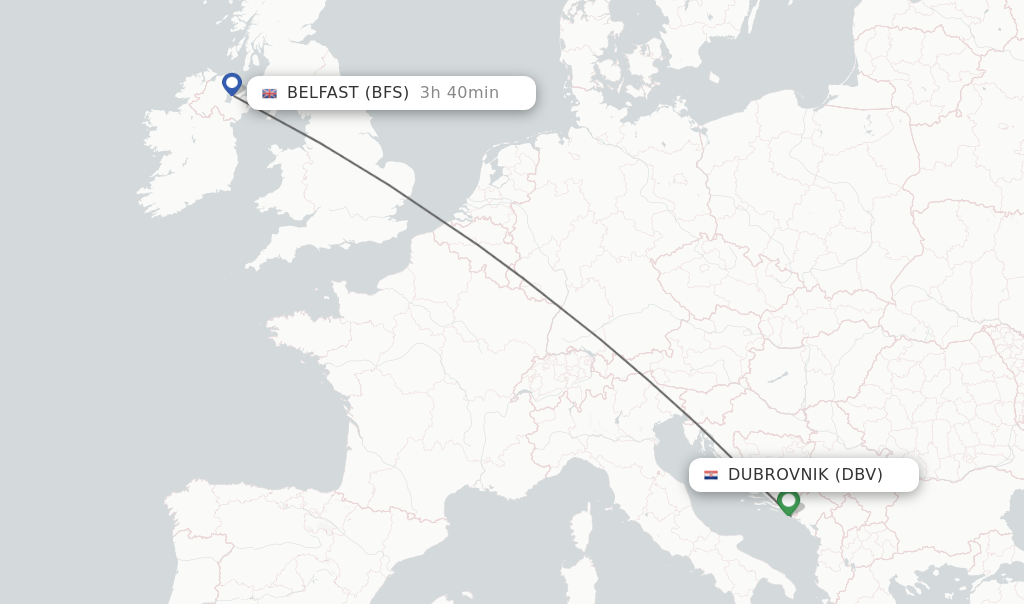 Flights from Dubrovnik to Belfast route map