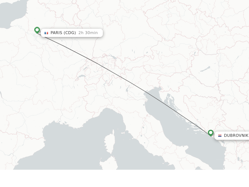 Flights from Dubrovnik to Paris route map