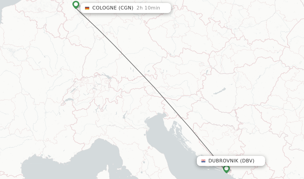 Flights from Dubrovnik to Cologne route map
