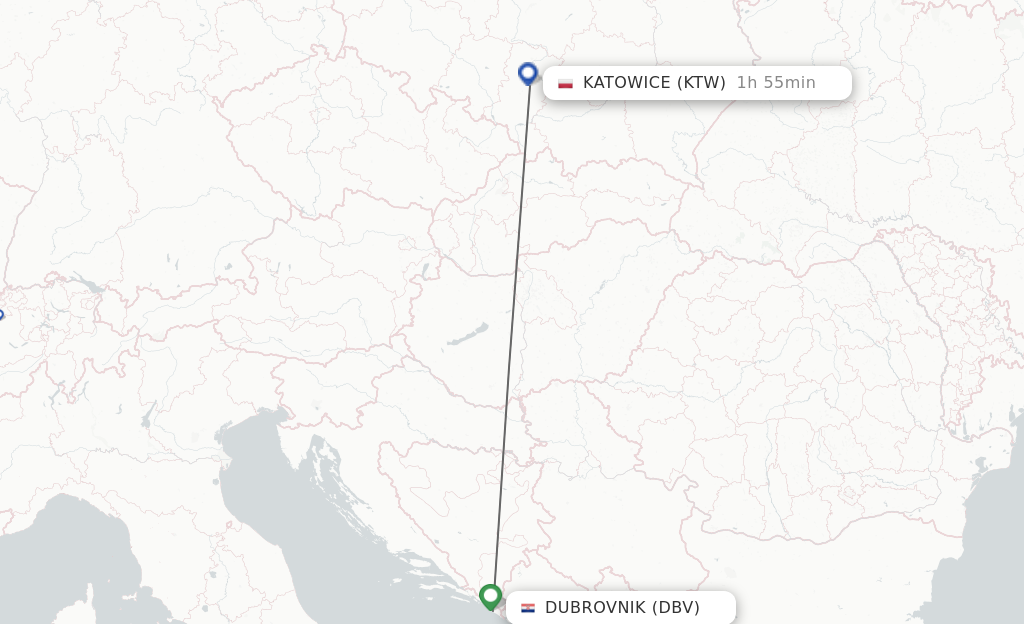 Flights from Dubrovnik to Katowice route map