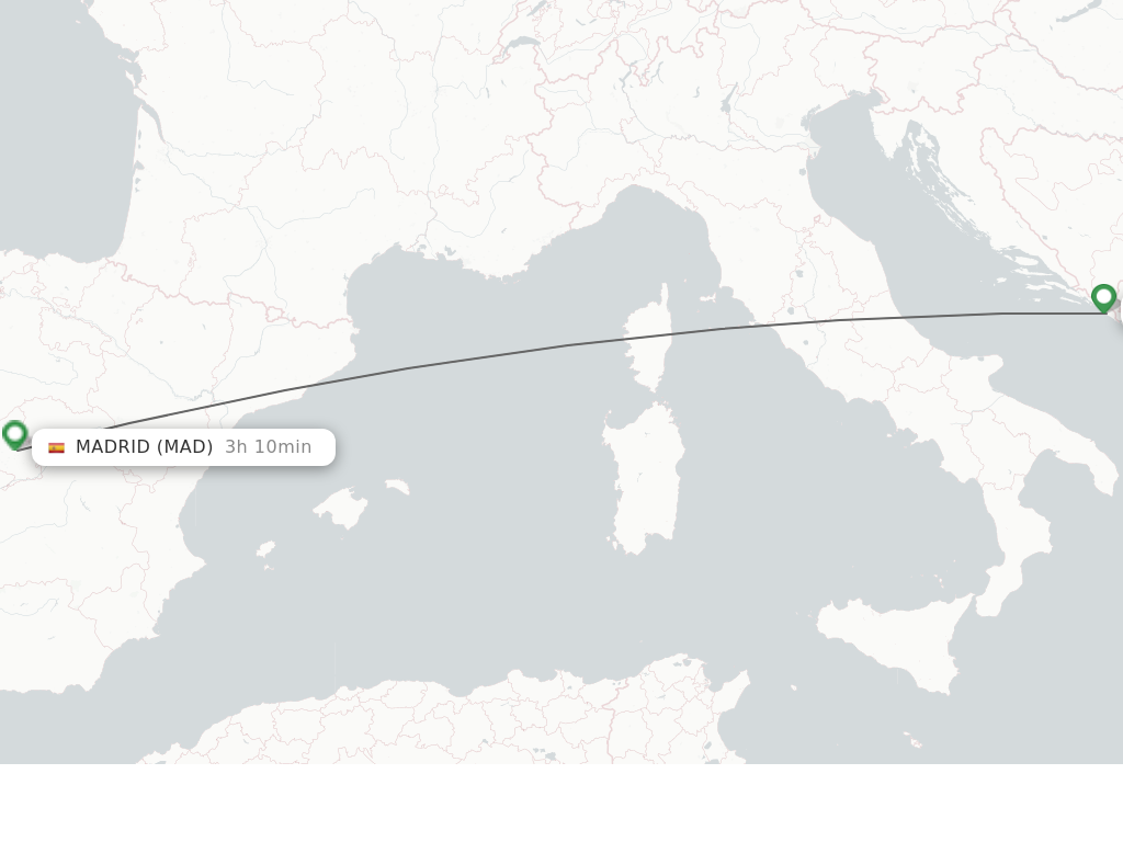 Flights from Dubrovnik to Madrid route map