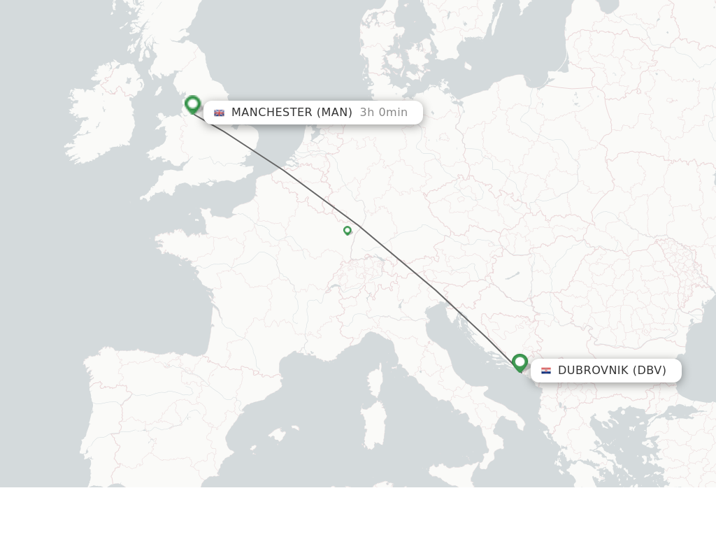 Flights from Dubrovnik to Manchester route map