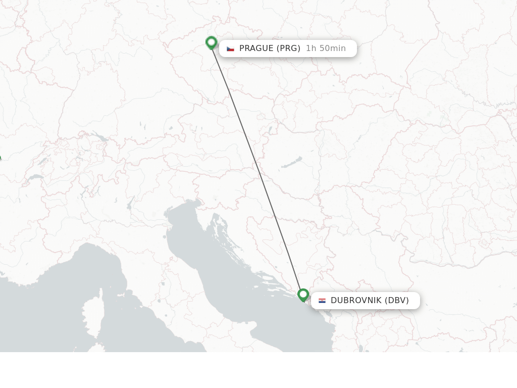 Flights from Dubrovnik to Prague route map