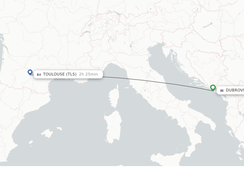 Flights from Toulouse to Dubrovnik route map