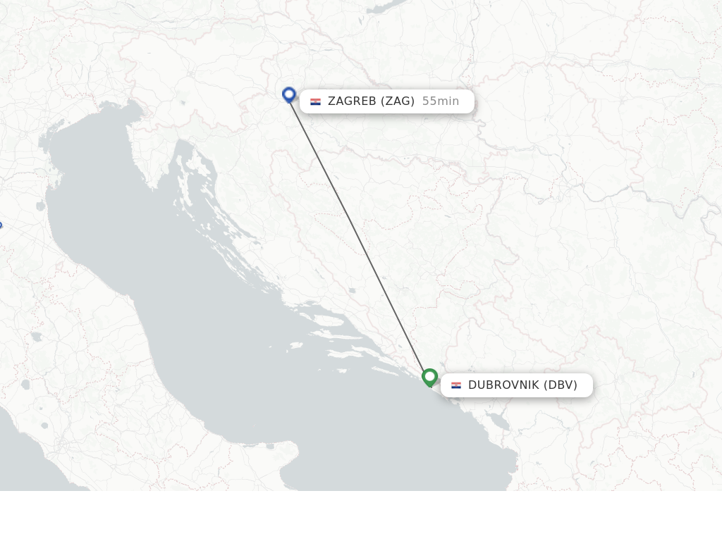 Flights from Zagreb to Dubrovnik route map